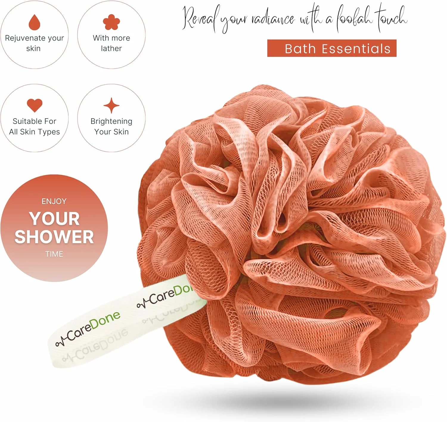 لیف بدن و اسفنج لوفا دوش Caredone | لوفا برای مردان، زنان و کودکان | لوفا اسفنجی گرد (بسته 3 عددی نارنجی)