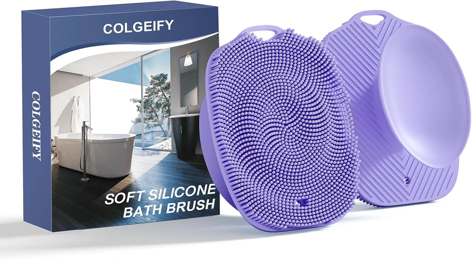 لیف سیلیکونی ملایم بدن COLGEIFY، سایز بزرگ با برس های نرم برای آقایان و بانوان بعد از باشگاه، لایه برداری و پاکسازی عمیق، طراحی با مکنده پشتی برای چسباندن به دیوار حمام، نگهداری و خشک کردن آسان (بنفش)