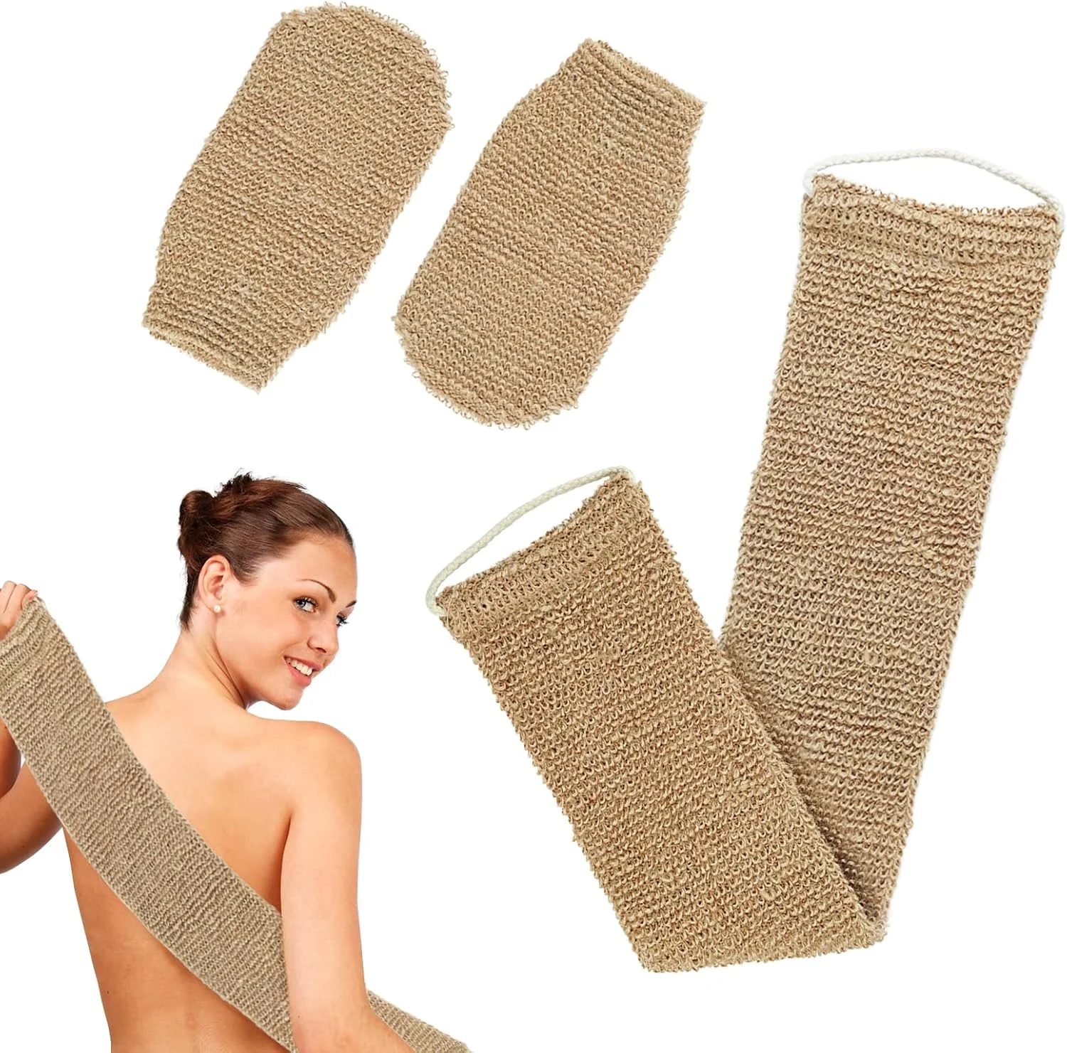 جینتانگ برس پشت، ست 3 تکه برس پشت برای دوش، دستکش لایه بردار الیاف بامبو، برس پشت دو طرفه، لیف حمام با 1 عدد بند پشتی + 2 عدد دستکش لایه بردار (قهوه ای)