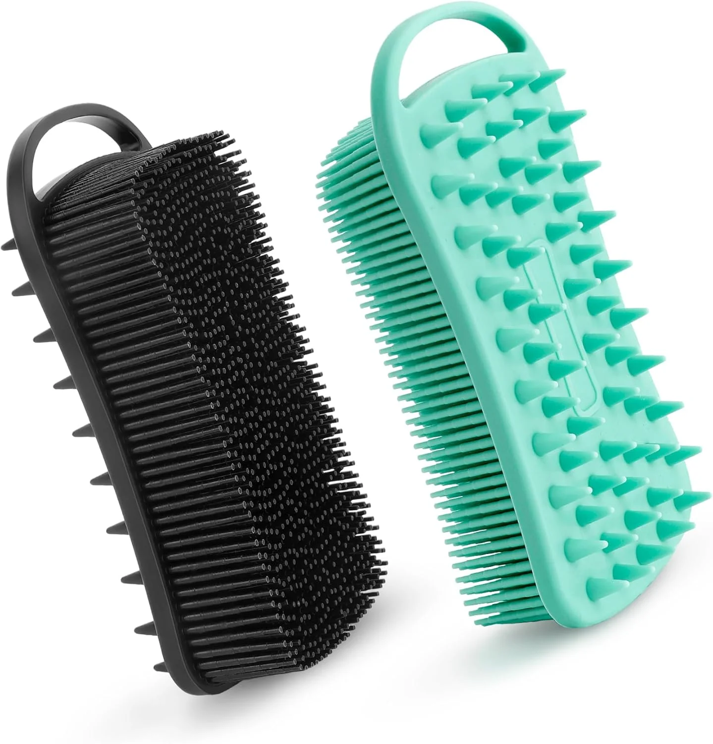2 PCS Soft Silicone Body Scrubber, 2 in 1 Exfoliating Shower Bath Scrubber, Silicone Loofah Bath and Shampoo Brush Body Shower Use Shower Hair Scalp Massager, Easy to Clean, Lather Well (Black&Green)