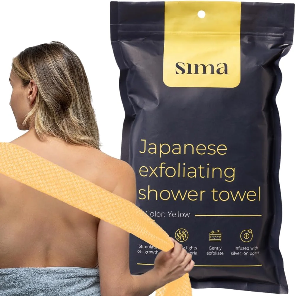 Exfoliating Washcloth Face & Body Scrub Towel - Japanese Exfoliating Towel with Hexagon Fibers, Body Scrubber with 2 Sides for Scrubbing & Washing, Extra Long Body Towel (Yellow)