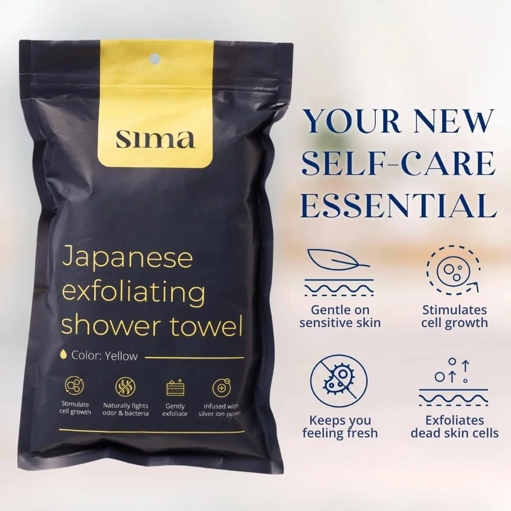 Exfoliating Washcloth Face & Body Scrub Towel - Japanese Exfoliating Towel with Hexagon Fibers, Body Scrubber with 2 Sides for Scrubbing & Washing, Extra Long Body Towel (Yellow)