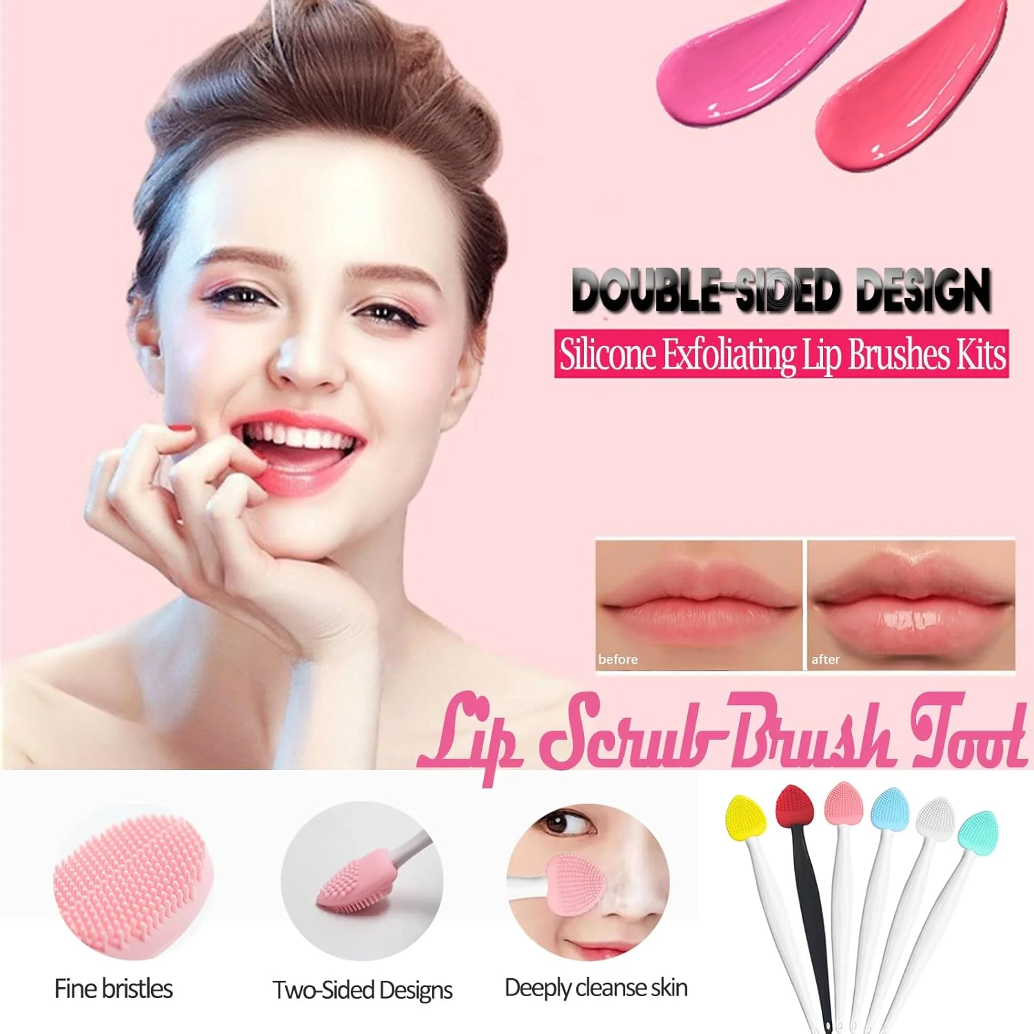 ابزار برس اسکراب لب، کیت برس های لایه بردار سیلیکونی دو طرفه لب، برس اسکراب لایه بردار ملایم لب برای لب های صاف، نرم، روشن، پرتر و سالم (6 رنگ)