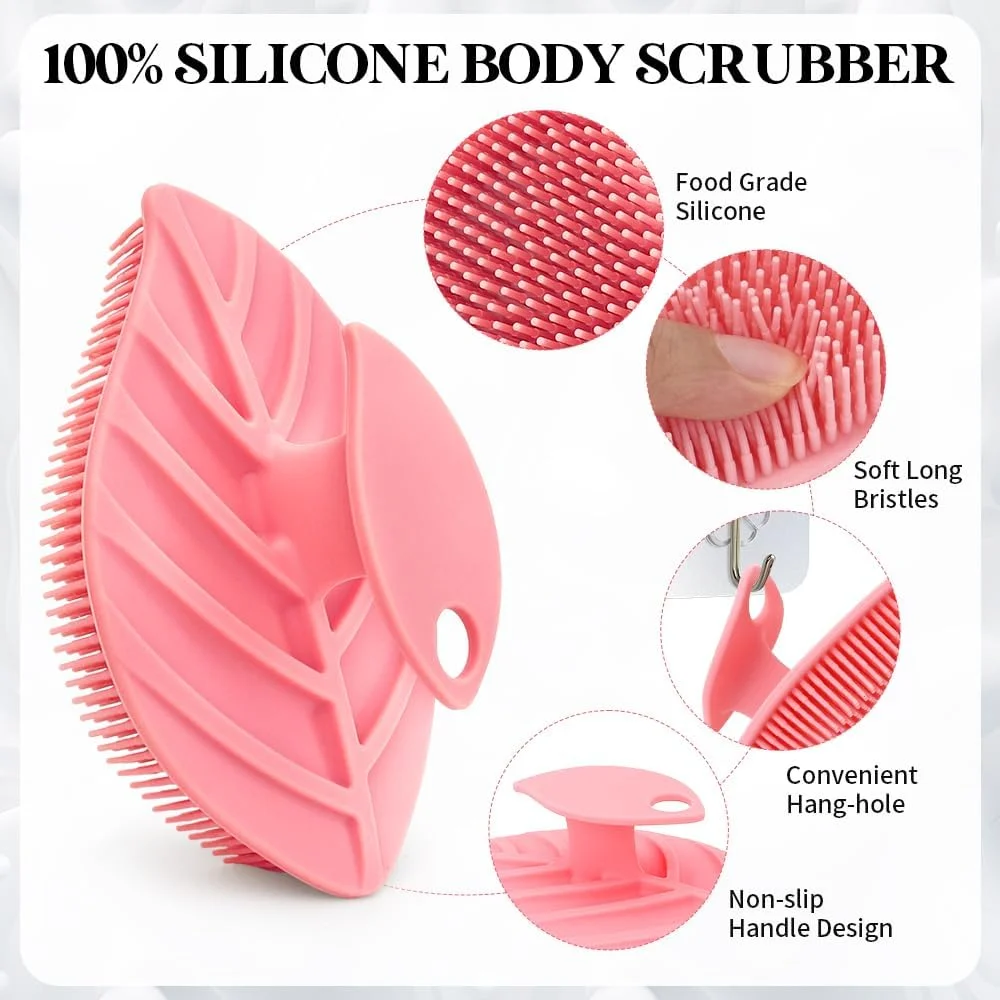 بسته 2 عددی اسکرابر بدن سیلیکونی، لیف سیلیکونی نرم، اسکرابر ملایم لایه بردار بدن برای پوست حساس، اسکرابرهای دوش به شکل برگ، برس بدن اسکرابرهای سیلیکونی برای زنان و مردان (صورتی)