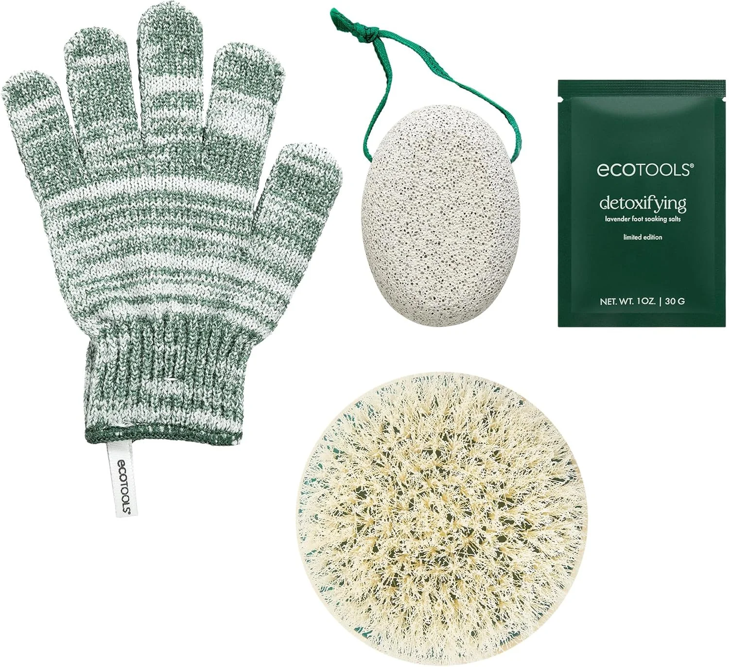 ست هدیه نسخه محدود اکو تولز Snowy Glow، لوازم جانبی حمام و دوش، دستکش دوش، برس خشک بدن، سنگ پا و نمک خیساندن پا، مراقبت از خود سازگار با محیط زیست، وگان و بدون تست حیوانی، ست هدیه 4 تکه