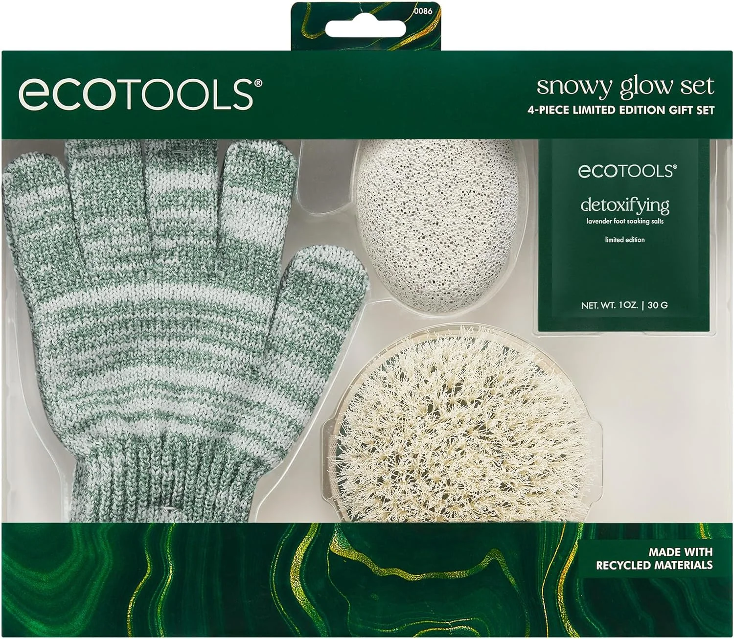 ست هدیه نسخه محدود اکو تولز Snowy Glow، لوازم جانبی حمام و دوش، دستکش دوش، برس خشک بدن، سنگ پا و نمک خیساندن پا، مراقبت از خود سازگار با محیط زیست، وگان و بدون تست حیوانی، ست هدیه 4 تکه