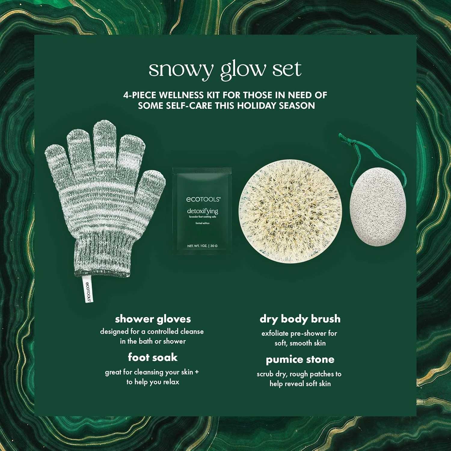 ست هدیه نسخه محدود اکو تولز Snowy Glow، لوازم جانبی حمام و دوش، دستکش دوش، برس خشک بدن، سنگ پا و نمک خیساندن پا، مراقبت از خود سازگار با محیط زیست، وگان و بدون تست حیوانی، ست هدیه 4 تکه