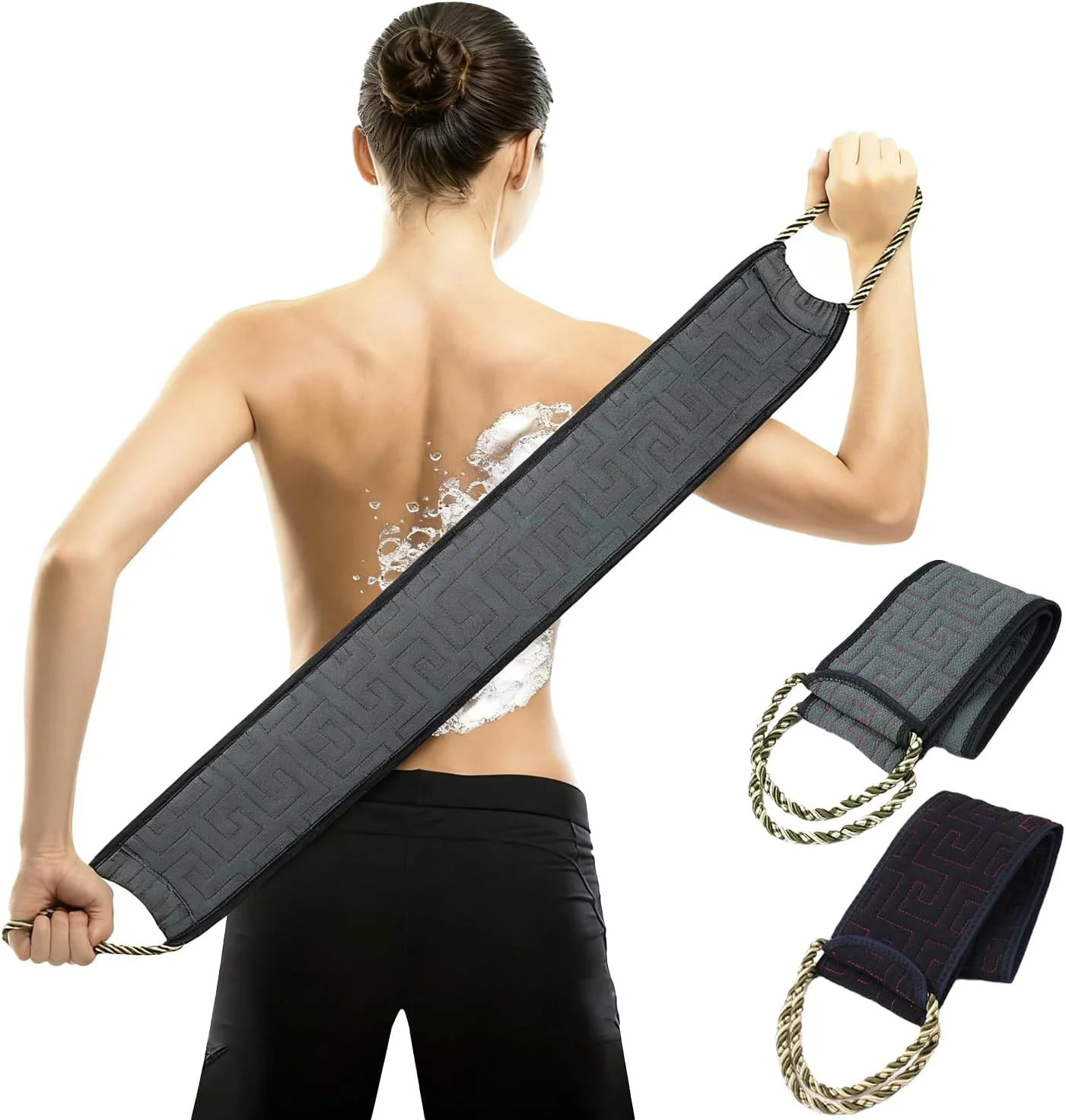 لیف لایه بردار پشت ایلوک برای حمام، 2 عدد لیف حمام با دسته، بند بلند 66 سانتی متری برای شستشوی پشت، لیف برای مردان و زنان - آبی خاکستری + آبی تیره