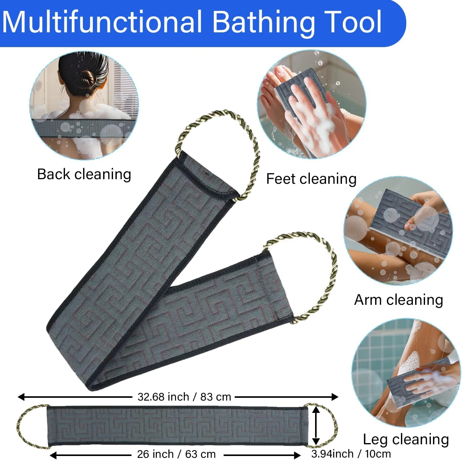 لیف لایه بردار پشت ایلوک برای حمام، 2 عدد لیف حمام با دسته، بند بلند 66 سانتی متری برای شستشوی پشت، لیف برای مردان و زنان - آبی خاکستری + آبی تیره