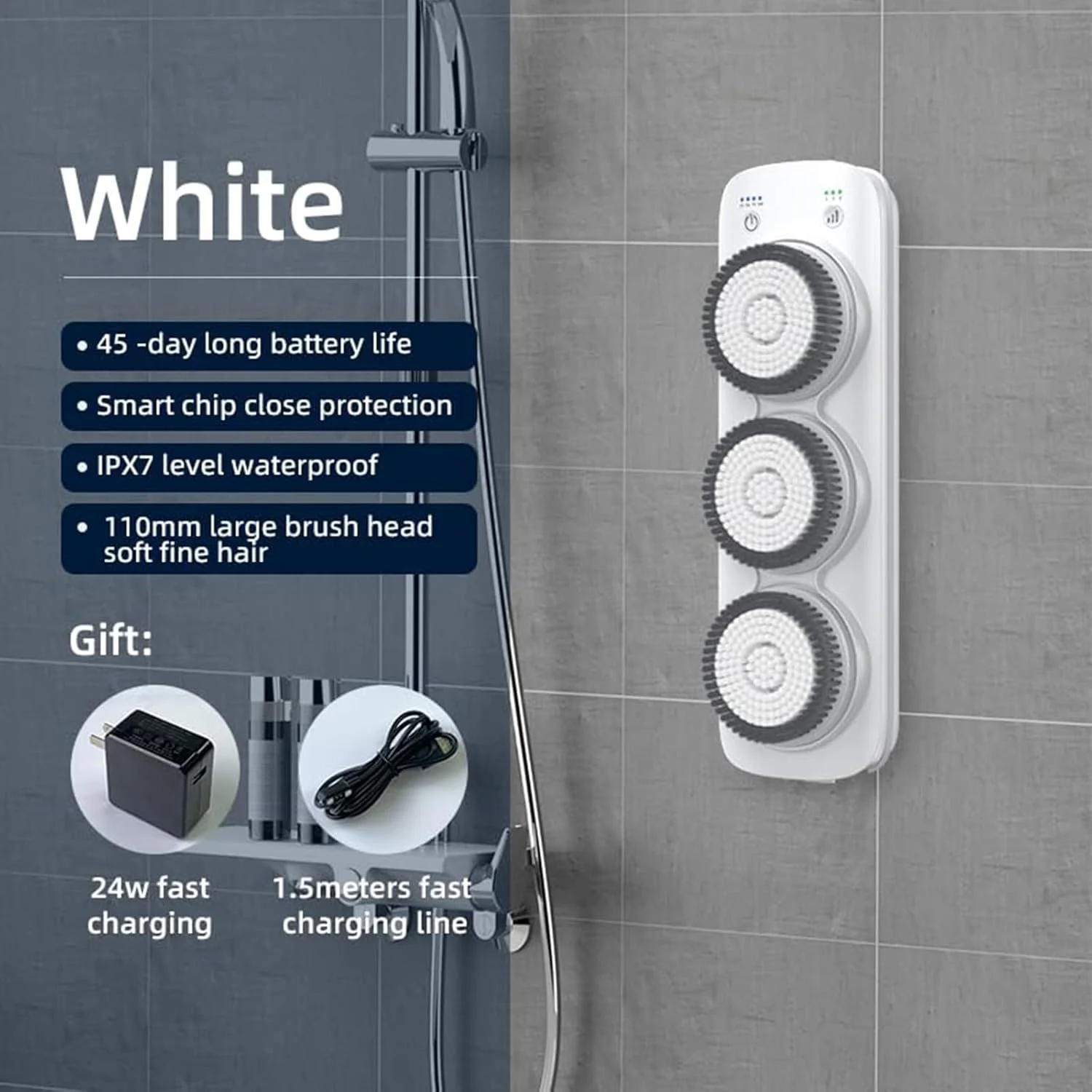 برس برقی بدن، برس دیواری شارژی، برس حمام با سه سر برس حمام چرخشی برای پاکسازی عمیق، ماساژ و لایه برداری بدن