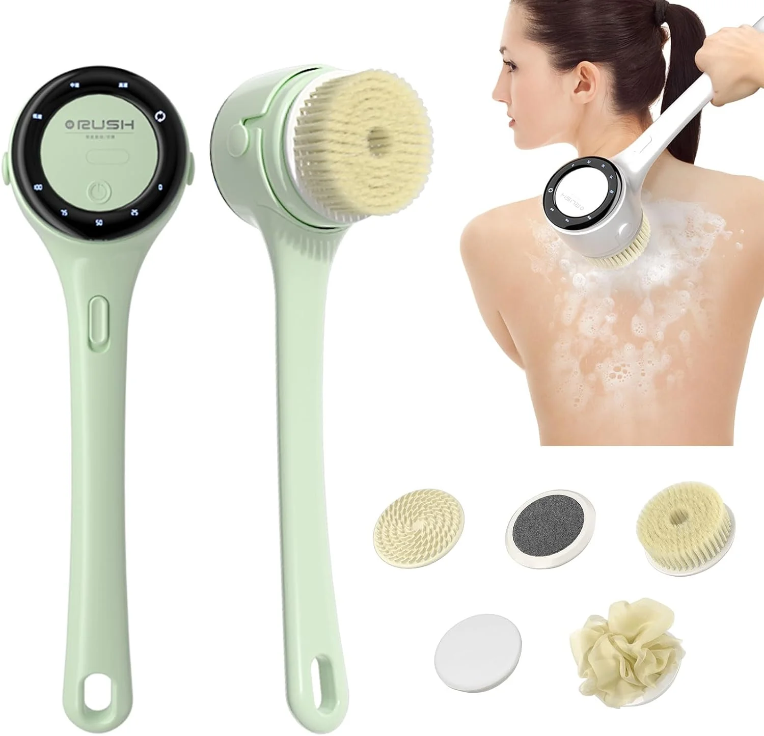 برس بدن برقی، اسکرابر سیلیکونی بدن با 3 سرعت و نمایشگر LCD، اسکرابر 5 در 1 برای دوش، برس های بدن ضد آب چرخشی، برس حمام قابل شارژ برای تمیز کردن، لایه برداری و ماساژ (سبز)