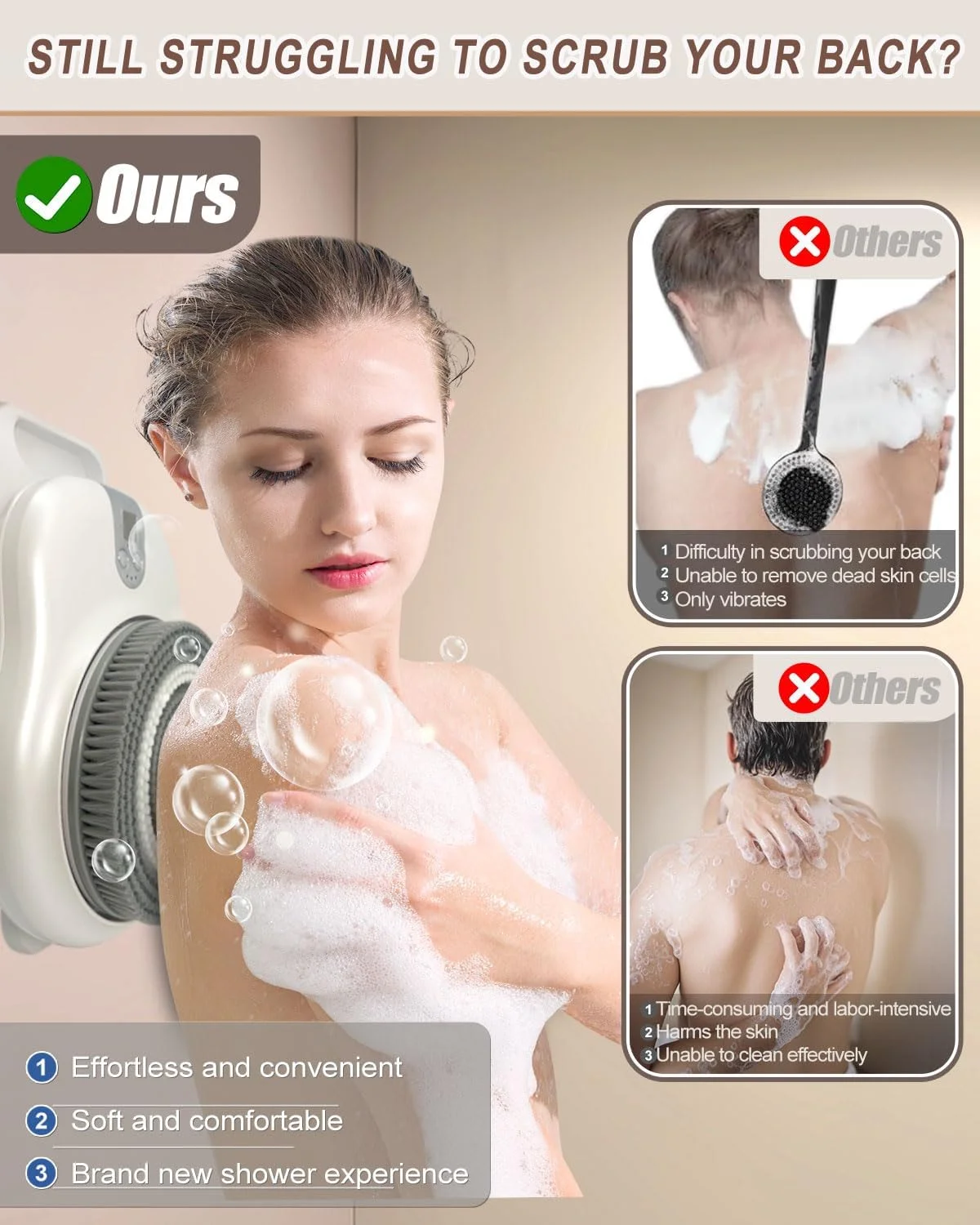 برس دوش برقی برای بدن - برس پشت شوی دیواری برای دوش - دارای موهای نرم لایه بردار، طراحی دیواری بدون نیاز به دست، برس پشت شوی برای دوش، مناسب برای آقایان و بانوان، نصب آسان