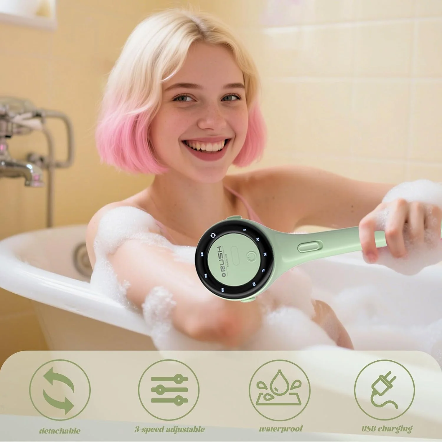 برس بدن برقی، اسکرابر سیلیکونی بدن با 3 سرعت و نمایشگر LCD، اسکرابر 5 در 1 برای دوش، برس های بدن ضد آب چرخشی، برس حمام قابل شارژ برای تمیز کردن، لایه برداری و ماساژ (سبز)
