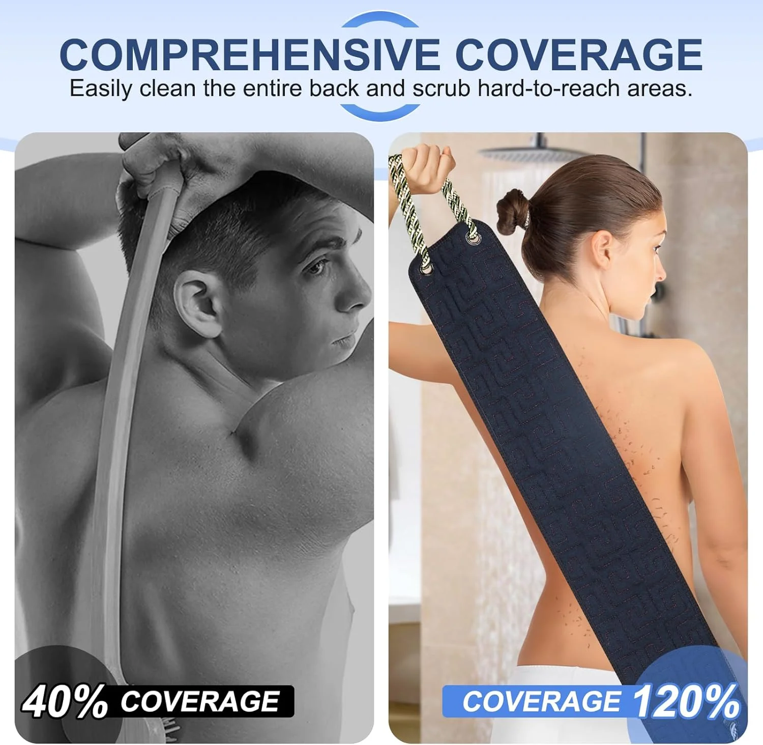 لیف لایه بردار پشت برای حمام، لیف شستشوی دو طرفه پهن شده با دسته برای استفاده در حمام، ابزار لایه بردار بدن 99 سانتی متری برای تمیز کردن عمیق بدن برای مراقبت از پوست مردان و زنان