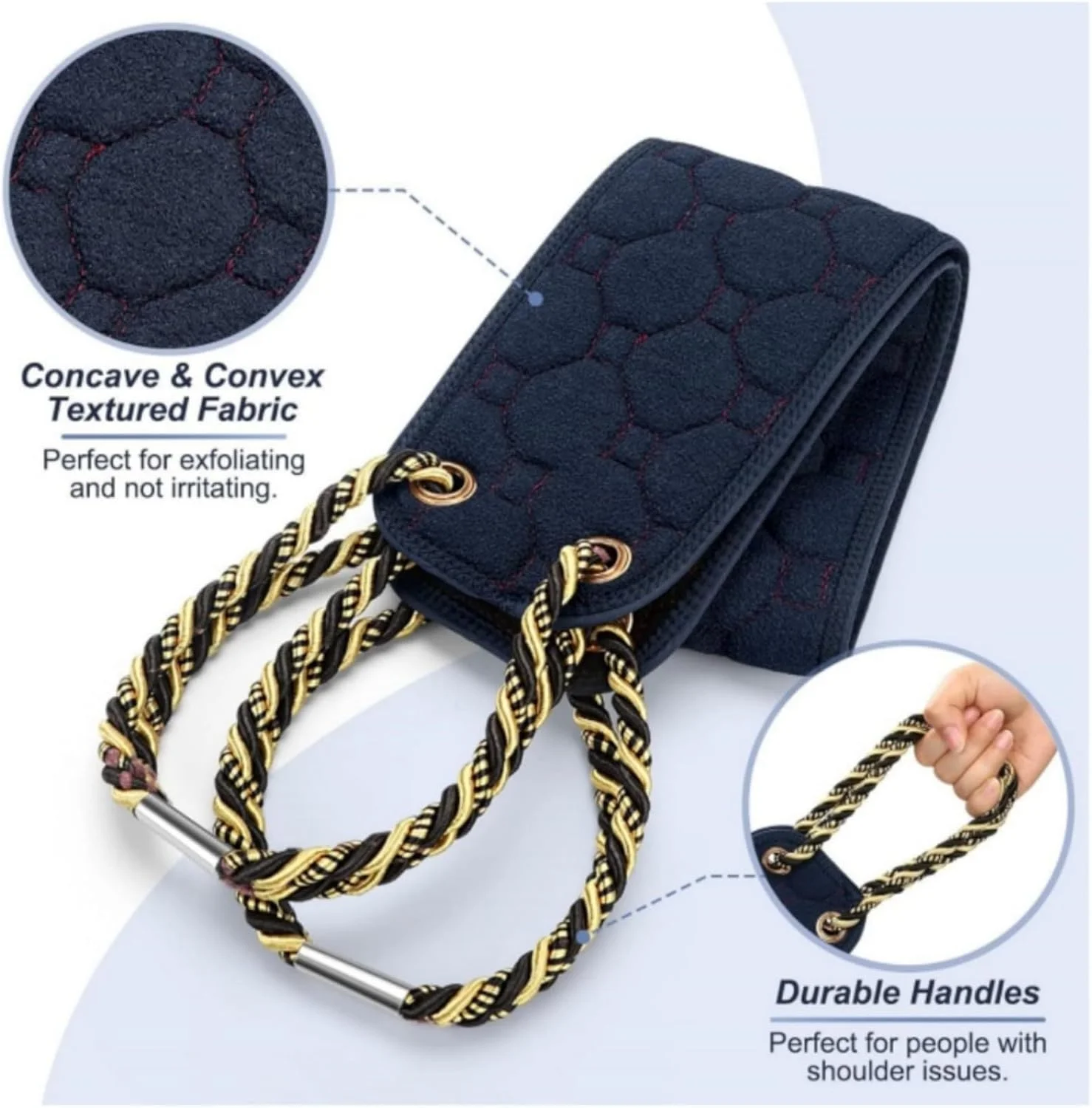 لیف اسکراب پشت با دسته های ارتقا یافته، پارچه شستشوی دو طرفه پشت با دسته برای استفاده در حمام، ابزار لایه بردار بدن برای تمیز کردن عمیق بدن برای مردان و زنان - آبی تیره