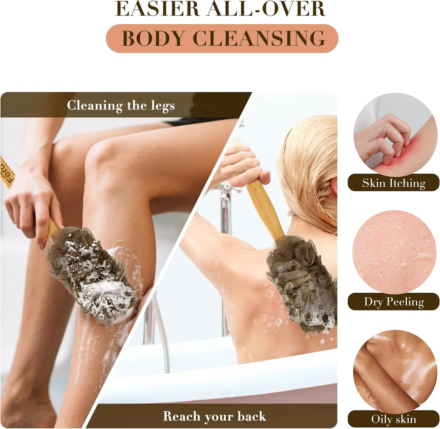 لیف پشت شوی فردی برای دوش، لیف دسته بلند، اسفنج نرم توری پلی اتیلن برای حمام، برس بدن برای مردان و زنان، لوفا لایه بردار و تمیز کننده