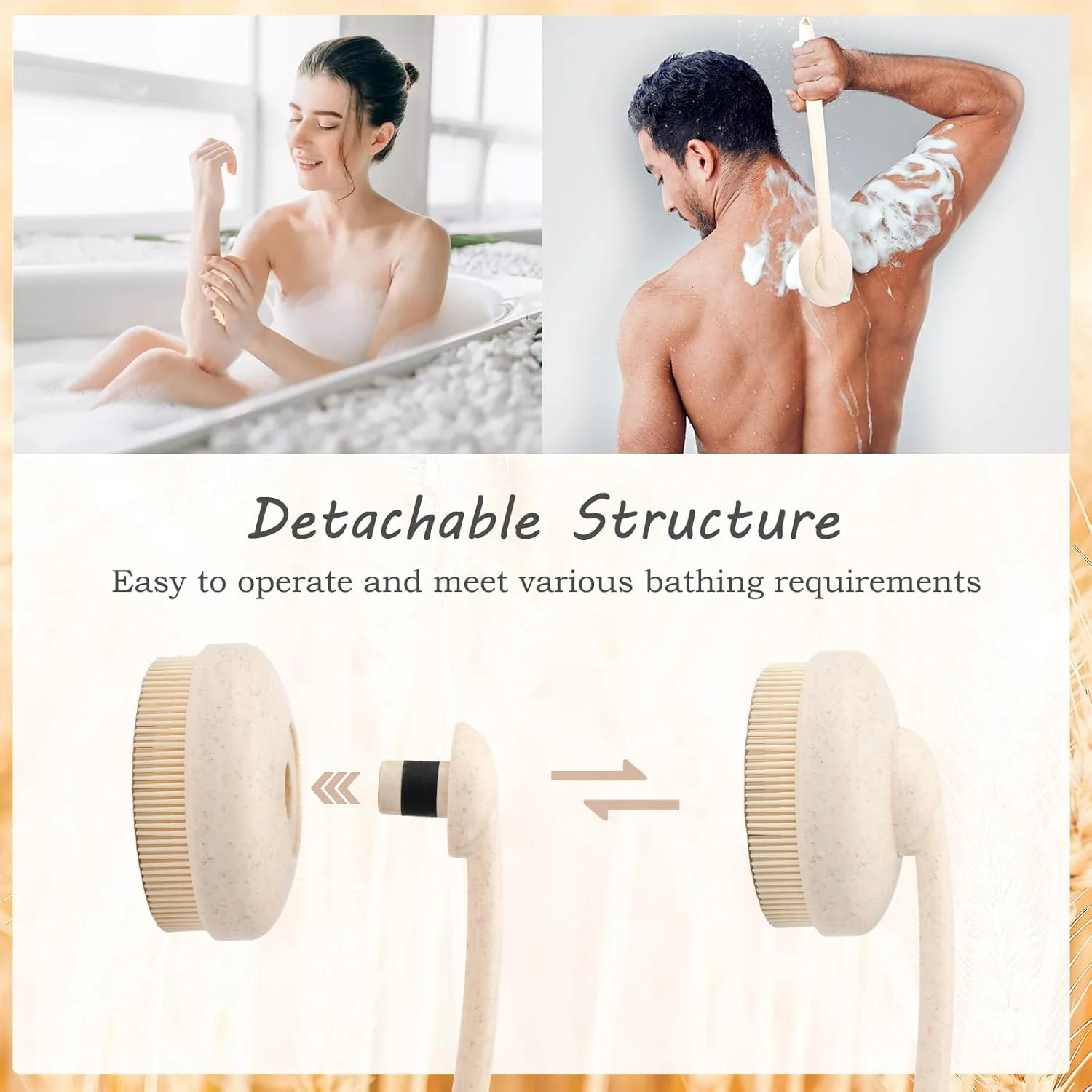 اسکرابر سیلیکونی بدن 3 در 1 FREATECH با دسته منحنی بلند و 3 برس قابل تعویض، برس پاک کننده بدن و پشت در حمام، برس لایه بردار، اسکرابر پوست سر، بهداشتی و پایدار