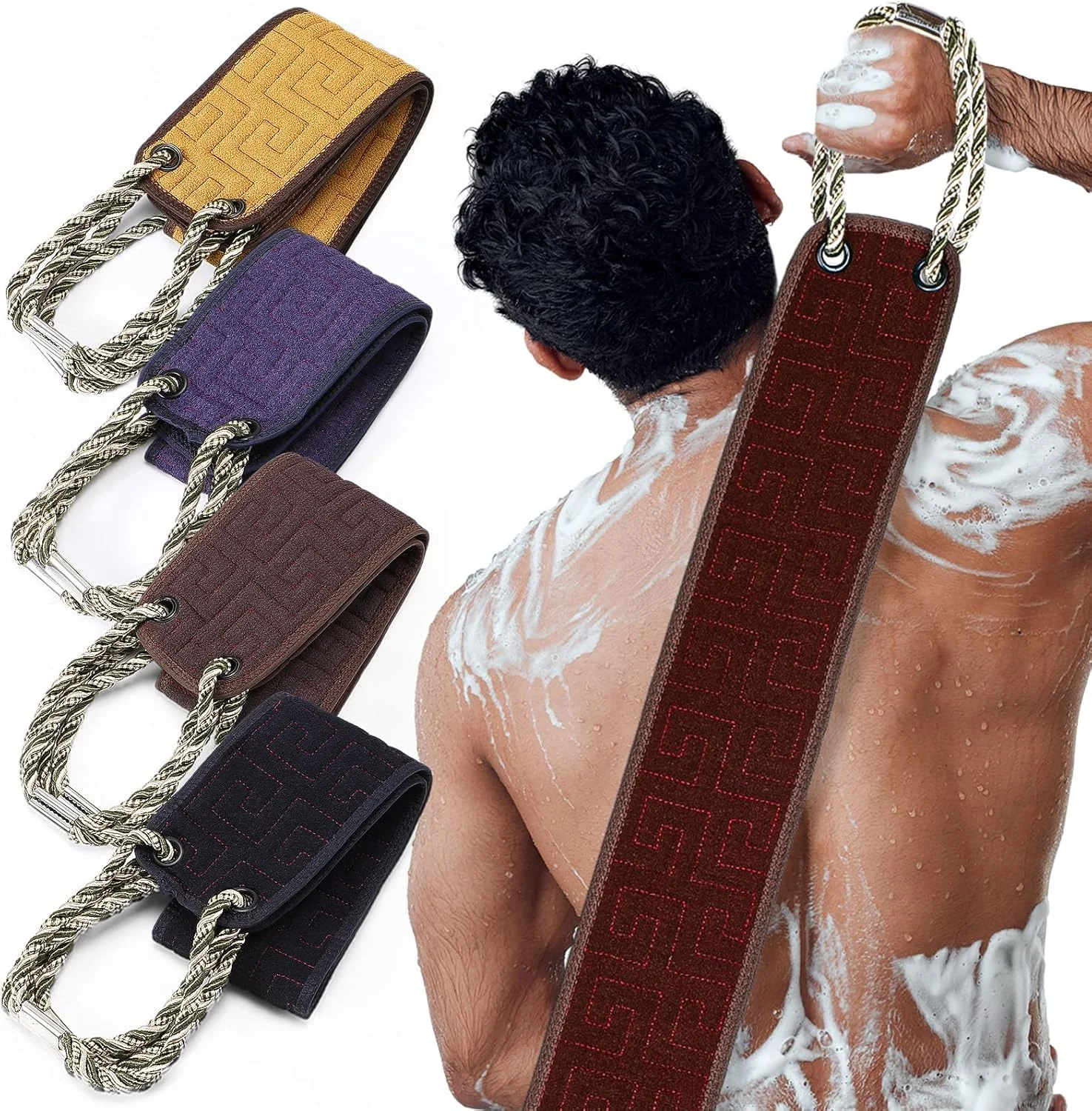 لیف حمام اسکراب پشت هانمینگ ری، بسته 4 عددی، با دستگیره، دو طرفه، لایه بردار، حوله اسکراب بدن، پاک کننده عمیق برای مردان و زنان