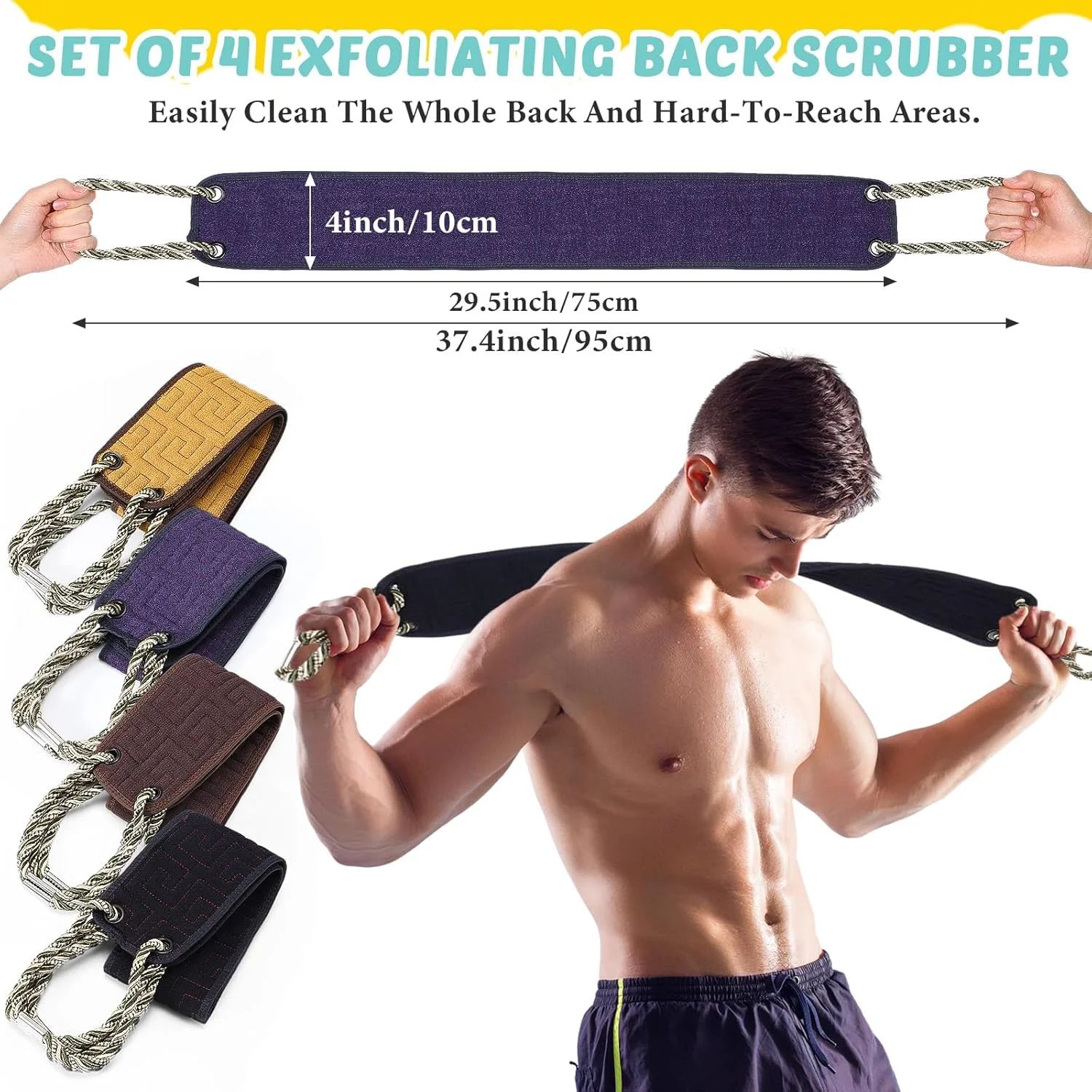 لیف حمام اسکراب پشت هانمینگ ری، بسته 4 عددی، با دستگیره، دو طرفه، لایه بردار، حوله اسکراب بدن، پاک کننده عمیق برای مردان و زنان