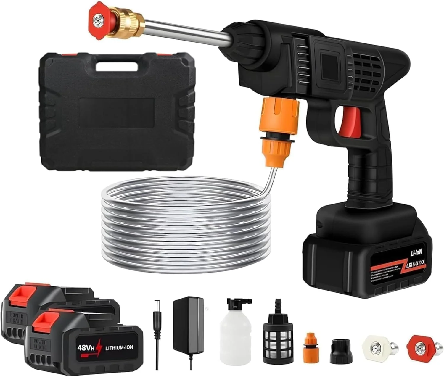 کارواش فشار قوی 48 ولت، کارواش بی سیم قابل حمل، تفنگ کارواش برقی فشار قوی، 2 باتری، برد 5 متری، مناسب برای شستشوی ماشین، دوچرخه، تمیز کردن کف و آبیاری باغ
