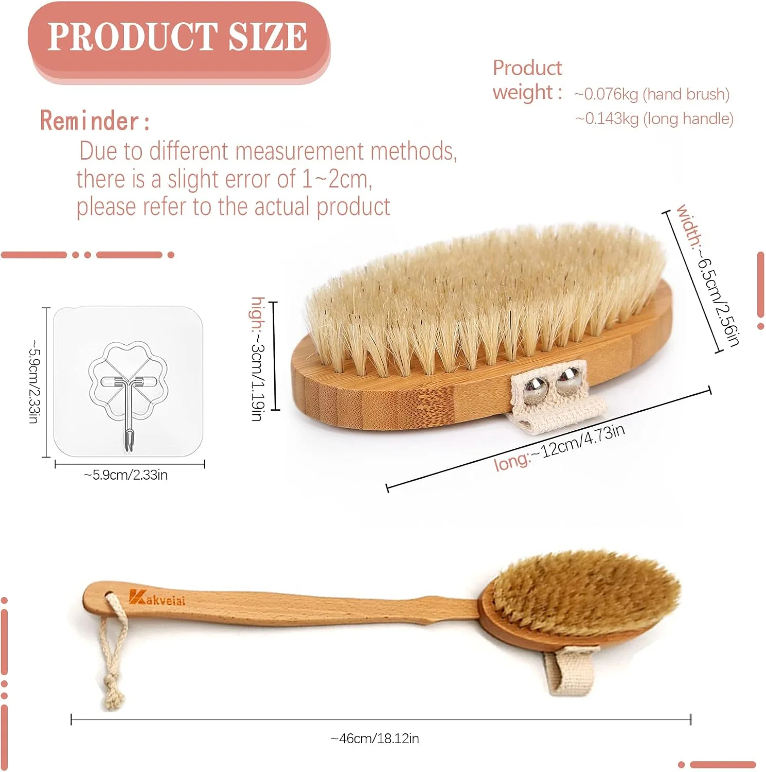 برس حمام Kakveiai با دسته بلند، برس پشت با دسته بلند جداشدنی، 2 عدد سری برس، برس بدن برای لایه برداری، اسکرابر پشت دوش، موهای طبیعی، برای تمیز کردن بدن