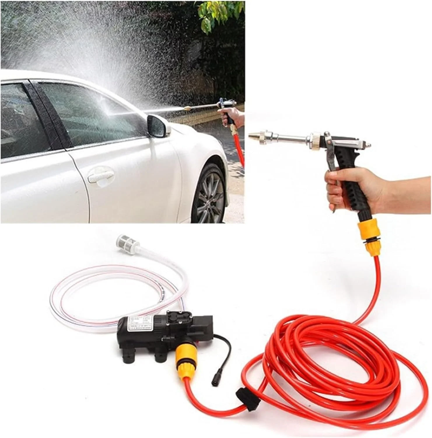 نازل شلنگ باغ، پمپ کارواش 12 ولت، پمپ برقی فشار قوی خودرو، مجموعه پمپ شستشوی قابل حمل خودرو، کیت دستگاه تمیز کننده و اسپری کارواش