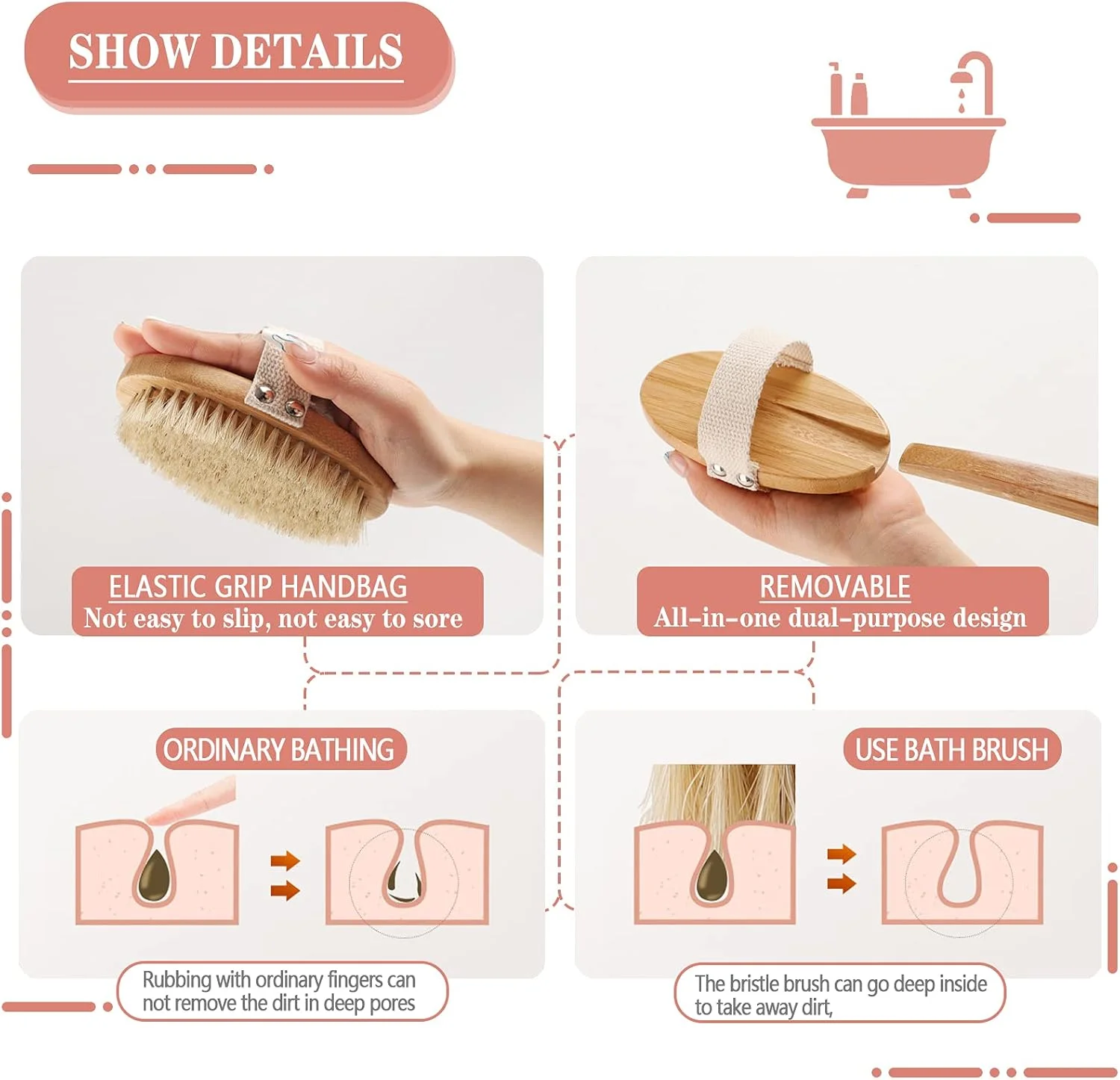 برس حمام Kakveiai با دسته بلند، برس پشت با دسته بلند جداشدنی، 2 عدد سری برس، برس بدن برای لایه برداری، اسکرابر پشت دوش، موهای طبیعی، برای تمیز کردن بدن