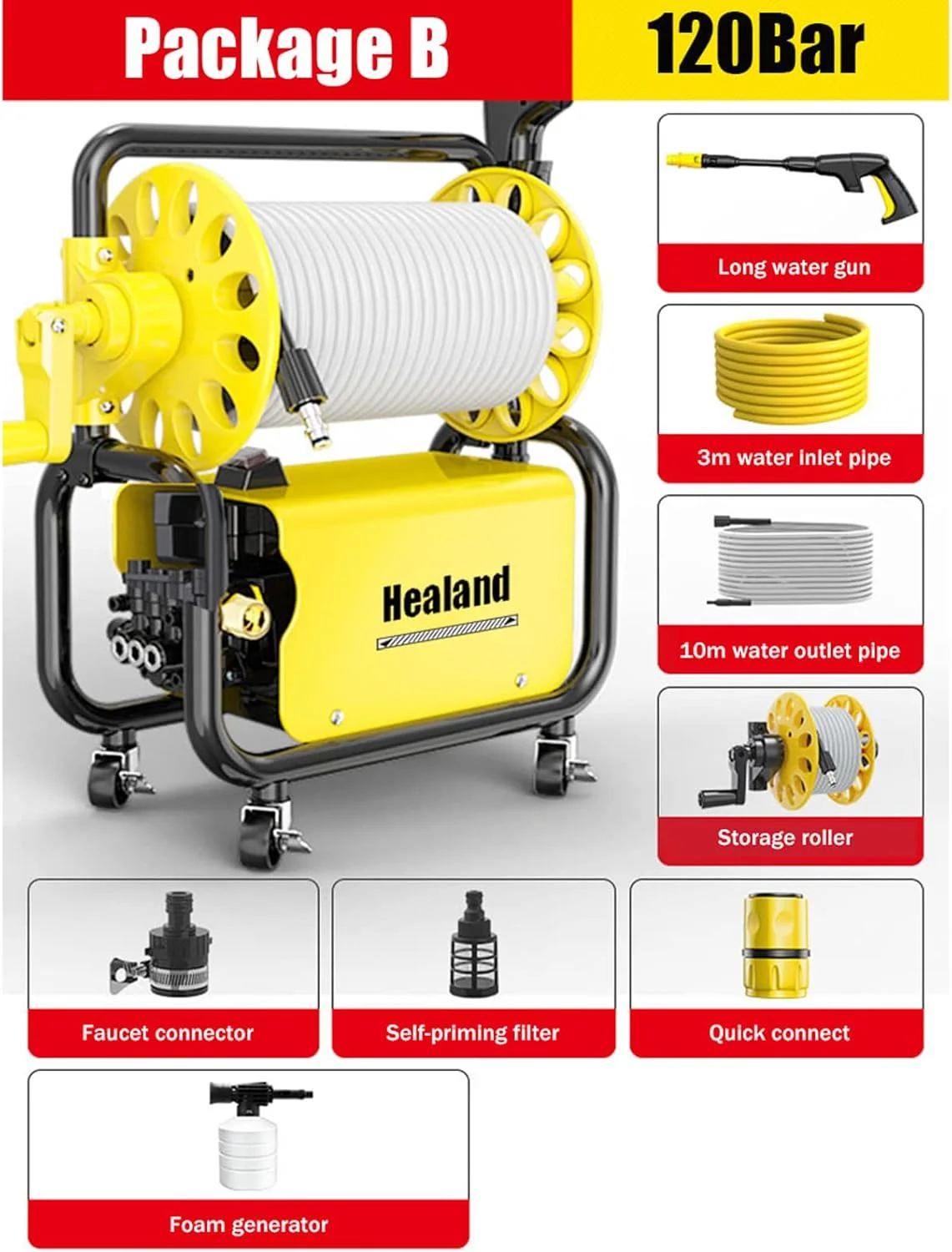 کارواش فشار قوی، 220 ولت قابل حمل 120 بار، دستگاه شستشوی خودرو، تفنگ آب پاش کارواش، پمپ، ژنراتور فوم، تمیز کننده، B
