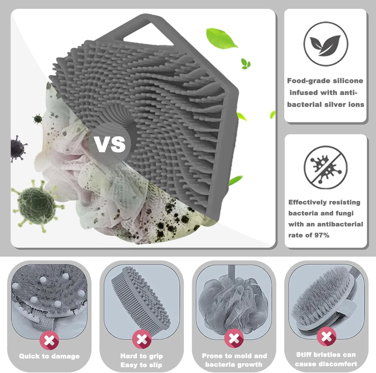 برس حمام سیلیکونی ضد باکتری جومفورمین، برس ماساژ دوش قابل حمل، برس حمام سیلیکونی سازگار با محیط زیست (خاکستری)