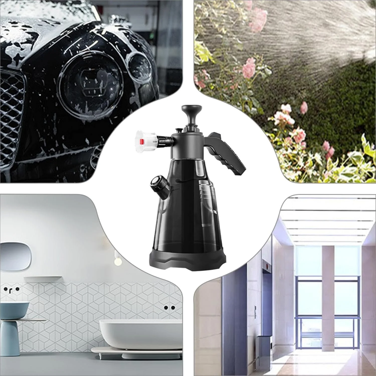 اسپری فوم دستی با فشار، اسپری پمپ کارواش 2 لیتری با عملکرد کامل با نازل فن و نازل آبیاری، اسپری فوم برفی قابل حمل برای تمیز کردن خودرو، آبیاری داخلی و خارجی، باغ خانگی، مشکی