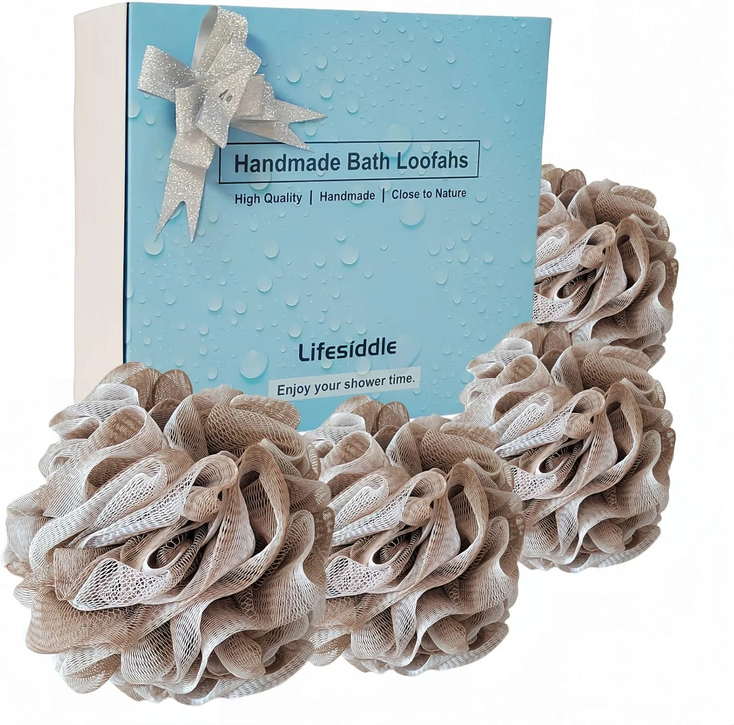 مجموعه اسفنج حمام لیف سایدل - بزرگ، 4 عدد اسکرابر حمام، پف مشبک نرم مشکی - اسکراب پاک کننده بدن برای مردان و زنان: ابزار لایه برداری تسکین دهنده پوست (قهوه ای روشن - 60 گرم)