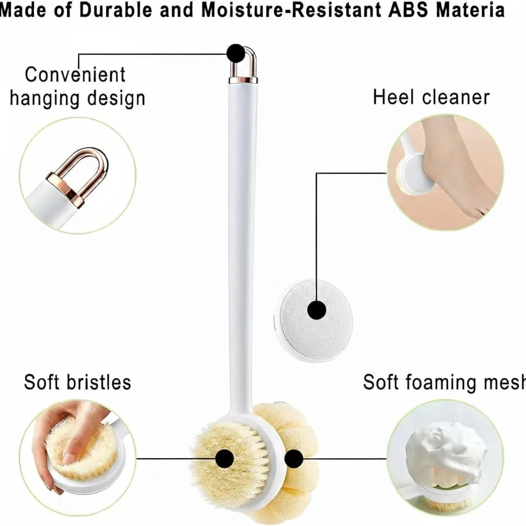 اسکرابر دوش دسته بلند 3 در 1 - برس بدن خشک و اسکرابر لایه بردار ماساژ برای پاکسازی عمیق و مراقبت از پوست - لوازم ضروری حمام و اسپا برای آقایان و بانوان