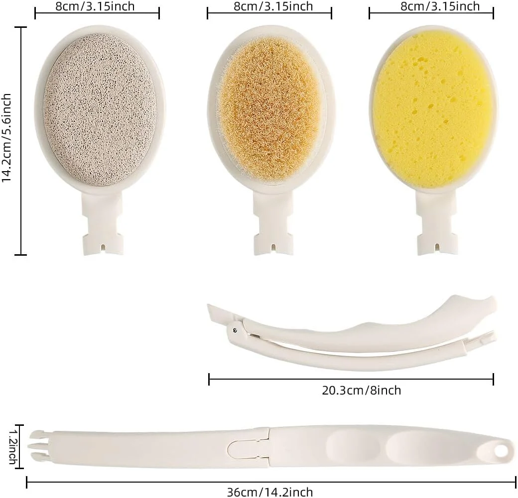 برس حمام LFJ، اسکرابر بدن 3 در 1 با دسته تاشو بلند به همراه سر برس اسفنجی و سر دوش سنگ پا برای از بین بردن پوست مرده و کاهش سلولیت