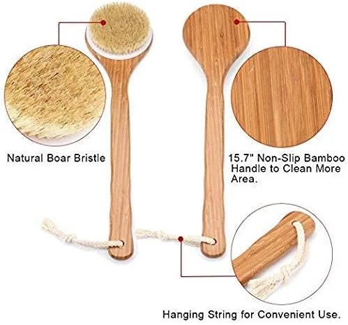 برس بدن حمام با دسته بلند، برس حمام تمیز کننده پشت، برس دوش موی طبیعی، بهبود گردش خون، لایه برداری، سلامت پوست - اسکرابر پشت مرطوب یا خشک