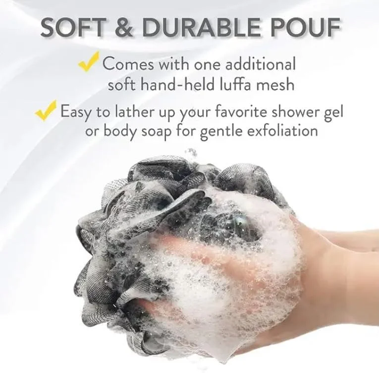 مجموعه حمام سه تکه ممتاز MZA BODY STORE با الیاف زغال بامبو: اسفنج حمام دسته بلند، پوف لیف حمام و قلاب آویز مناسب - لایه برداری، پاکسازی و نگهداری