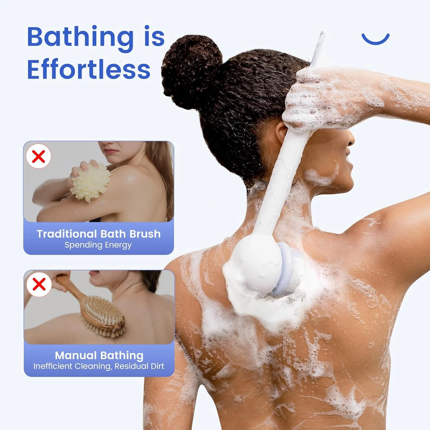 او، XIYU. برس برقی پشت برای شستشوی بدن، برس اتوماتیک بدن برای پاکسازی و ماساژ، برس حمام شارژی با 2 سر برس، 3 سرعت و ضد آب، سفید شیر نارگیل