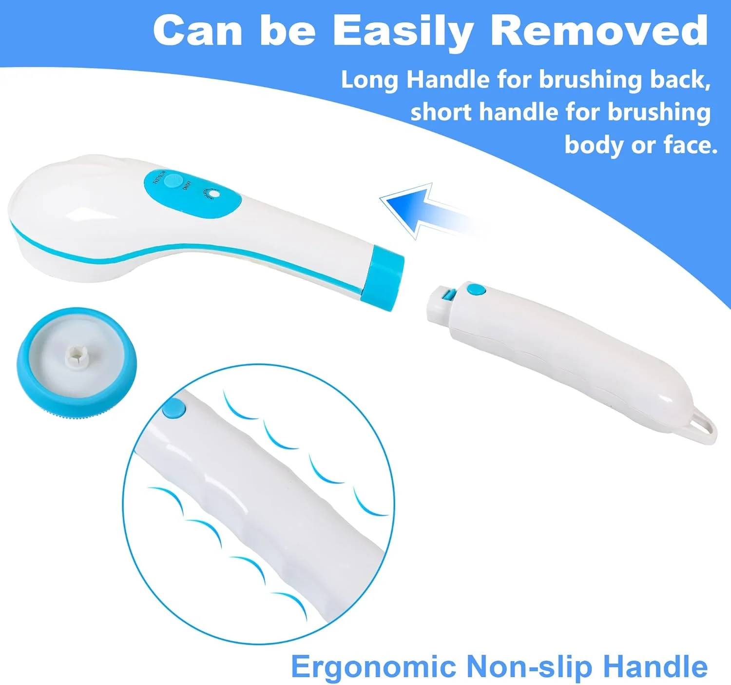 برس حمام برقی OWIIZI، برس اسکرابر پشت برای دوش، دسته بلند جداشدنی، ماساژور سیلیکونی پاک کننده صورت، 5 سر برس، 6 سرعت، برس های برقی پاک کننده عمیق بدن برای مردان و زنان