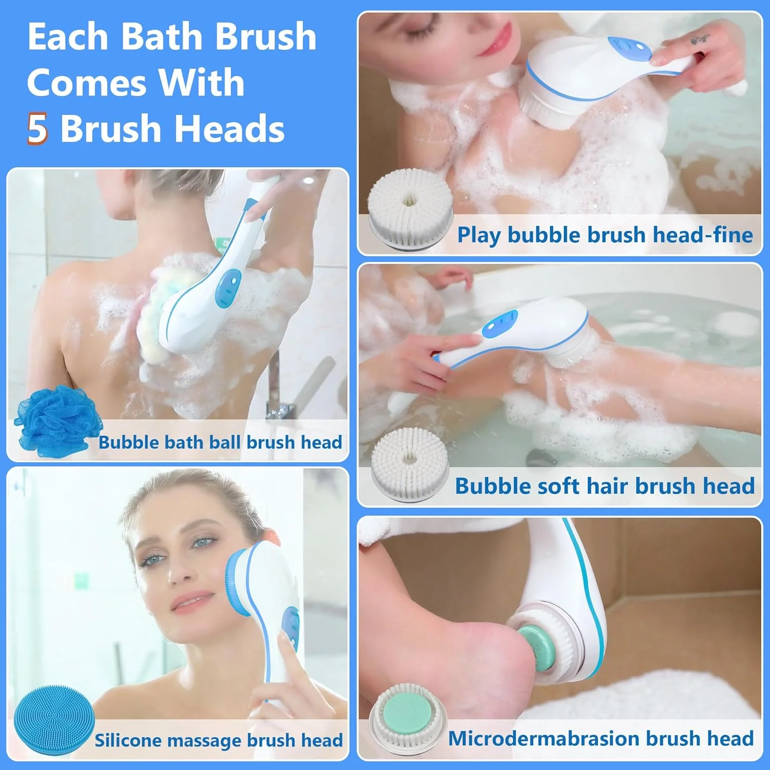 برس حمام برقی OWIIZI، برس اسکرابر پشت برای دوش، دسته بلند جداشدنی، ماساژور سیلیکونی پاک کننده صورت، 5 سر برس، 6 سرعت، برس های برقی پاک کننده عمیق بدن برای مردان و زنان