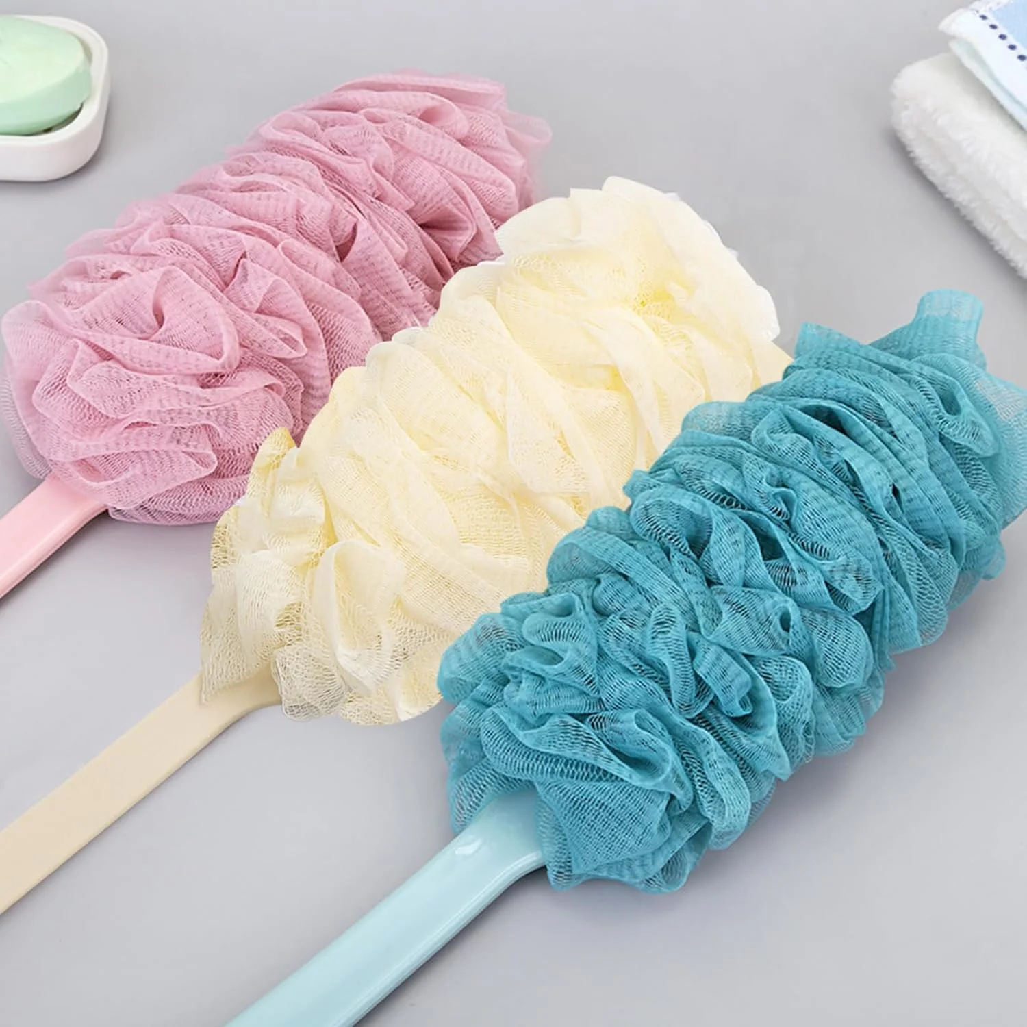 لیف حمام دسته بلند Nwvuop، برس اسفنجی برای شستشوی پشت در حمام، برس پشت شوی 43 سانتی متری (آبی)