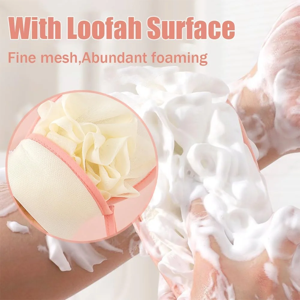 مجموعه ابزار شستشوی پشت Ouliget، لیف لایه بردار دو طرفه و دستکش دو طرفه با سطح لیف و پف نرم، اسکرابر بدن برای حمام مردان و زنان، 2 تکه