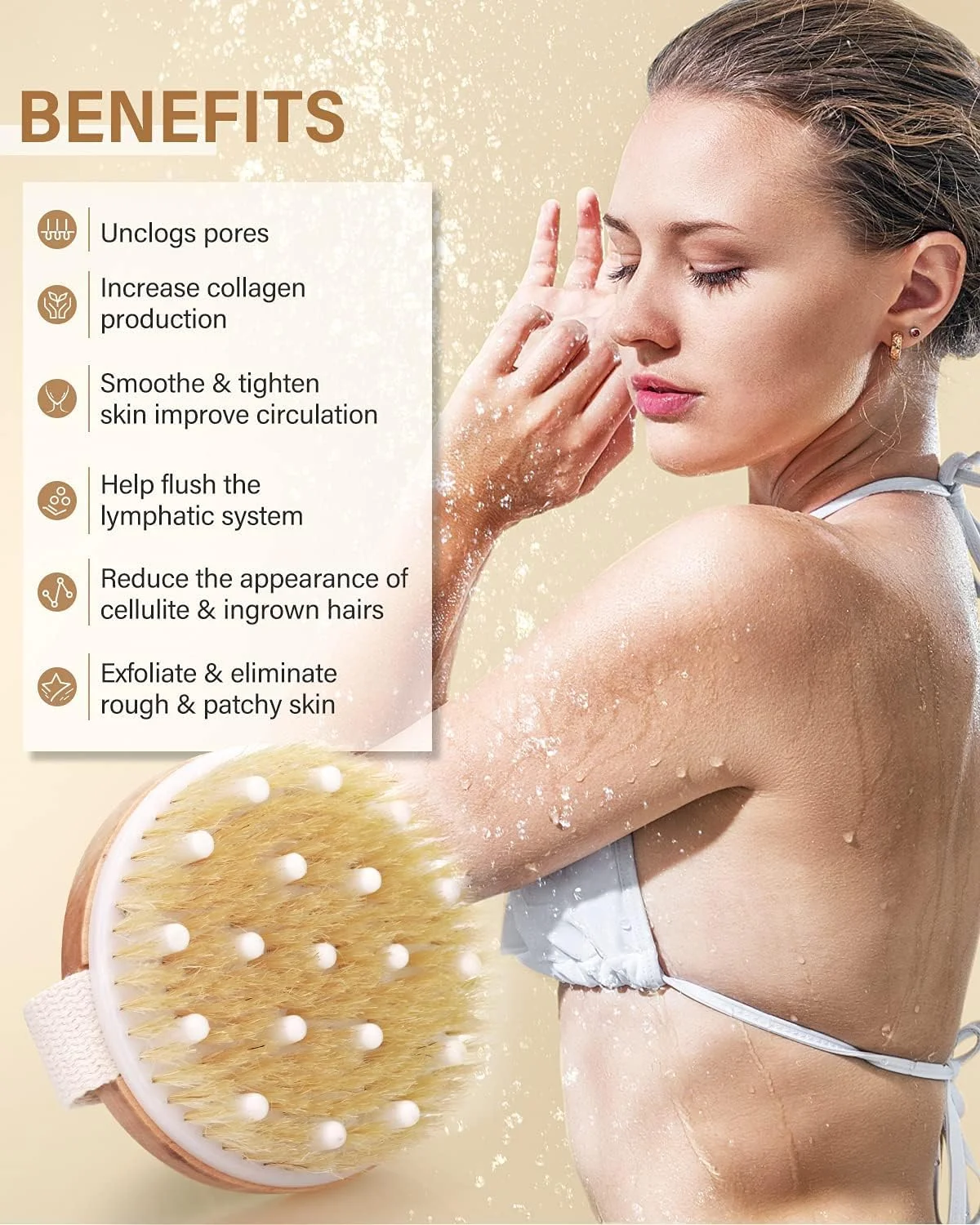 برس لایه بردار بدن POPCHOSE، برس دوش پوست برای سلولیت و تخلیه لنفاوی، برس لایه بردار با موهای طبیعی و گره های ماساژ، برس بدن خشک برای گردش خون