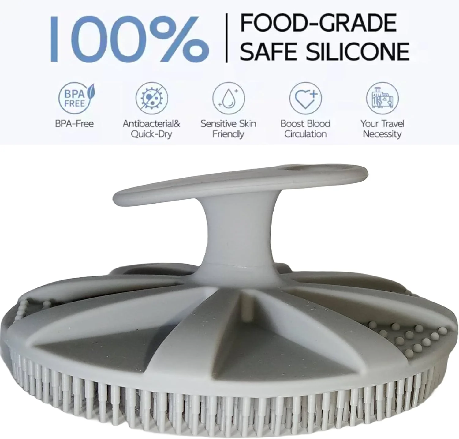 برس حمام سیلیکونی RHMT، اسکراب بدن برای پوست حساس، اسکرابر سیلیکونی بدن، برس لایه بردار، سازگار با محیط زیست، اسکرابر بدن، اسکراب سیلیکونی نرم، برس ماساژور، برای آقایان و بانوان. (خاکستری)