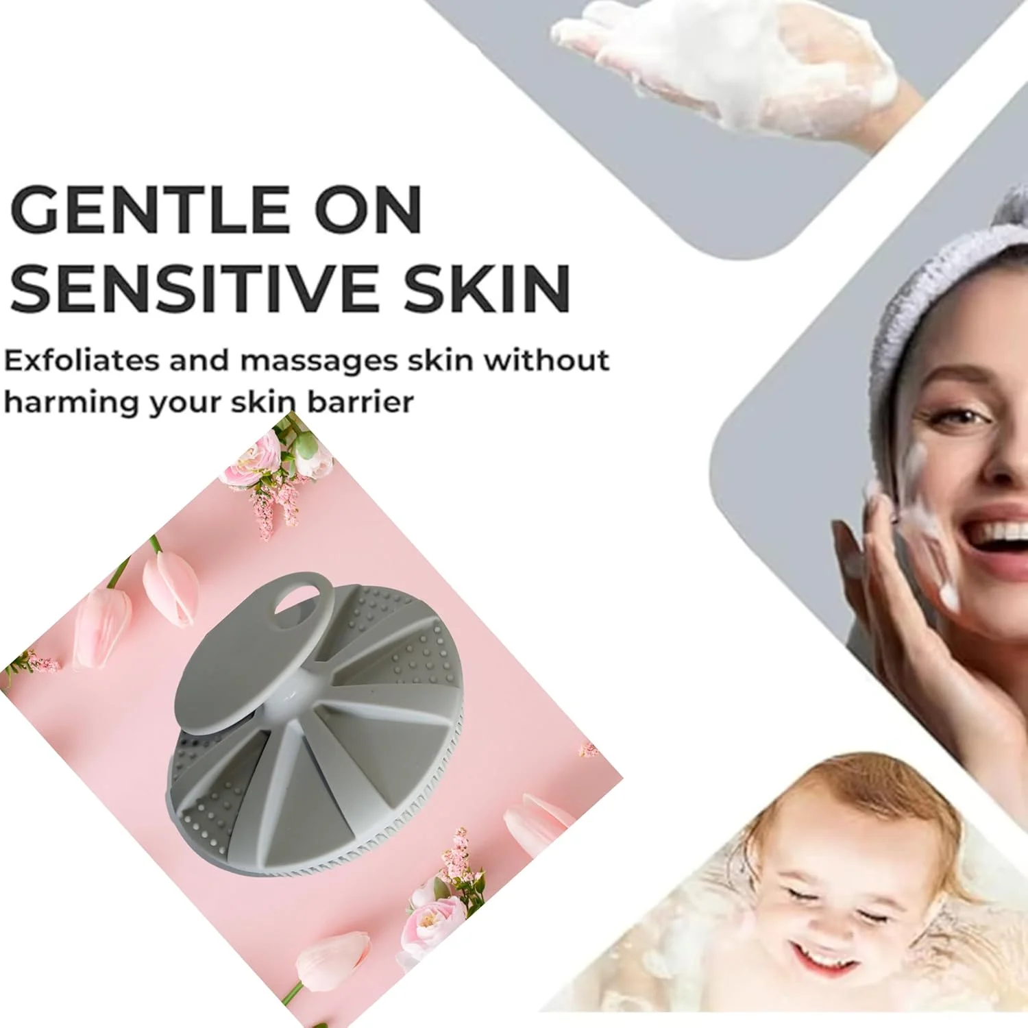 برس حمام سیلیکونی RHMT، اسکراب بدن برای پوست حساس، اسکرابر سیلیکونی بدن، برس لایه بردار، سازگار با محیط زیست، اسکرابر بدن، اسکراب سیلیکونی نرم، برس ماساژور، برای آقایان و بانوان. (خاکستری)