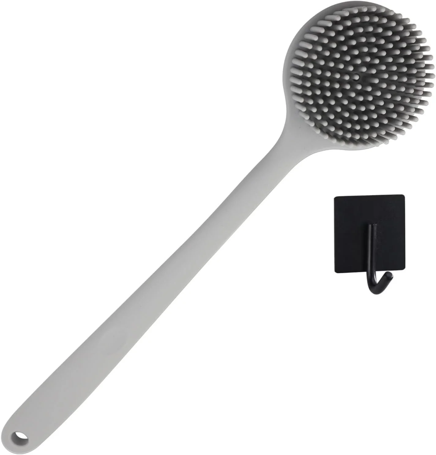 لیف سیلیکونی بدن برای حمام با دسته بلند، برس لایه بردار و ماساژ دو طرفه، لیف پشت، قابلیت ایجاد کف فراوان، مجهز به قلاب های استیل مشکی (خاکستری)