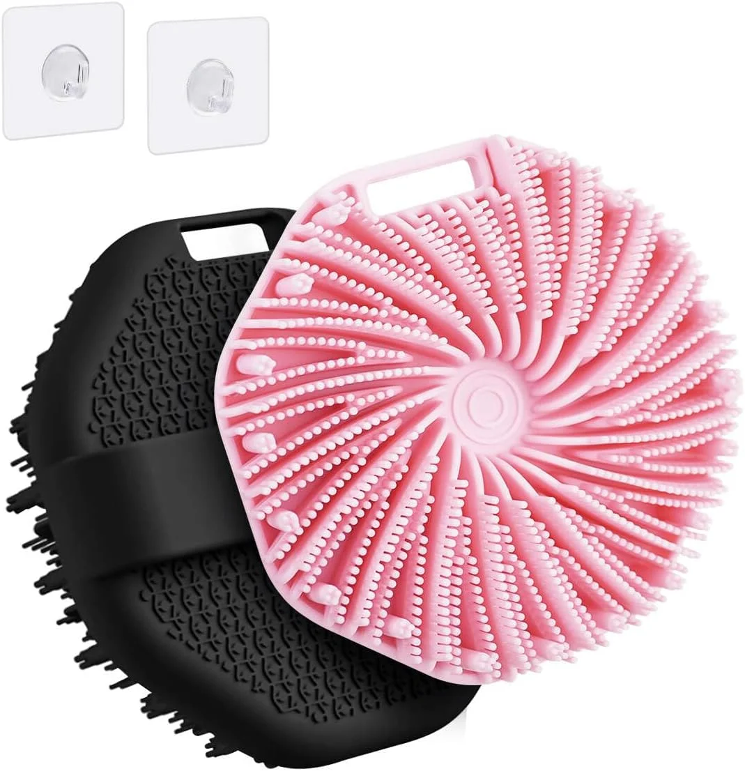 2 عدد اسکرابر سیلیکونی بدن با قلاب، برس حمام لایه بردار ملایم ارتقا یافته با دسته های ضد لغزش، بافر بدن برای استفاده در حمام مناسب برای انواع پوست، ایجاد کف غنی، تمیز کردن آسان