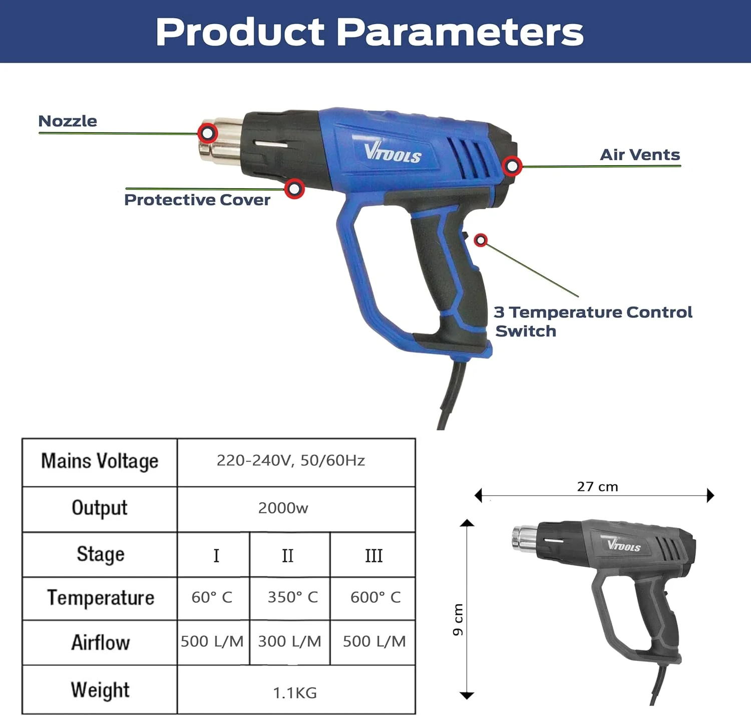 تفنگ حرارتی 2000 وات VTOOLS با 6 عدد لوازم جانبی، تنظیمات دمای دوگانه، تفنگ هوای گرم برای شرینک کردن، رنگ زدایی، PVC، کاردستی، 350 درجه سانتیگراد - 600 درجه سانتیگراد قابل تنظیم، جریان هوای 300-500 لیتر در دقیقه، آبی، VT1113 تفنگ حرارتی 2000 وات VTOOLS با 6 عدد لوازم جانبی، تنظیمات دمای دوگانه، تفنگ هوای گرم برای شرینک کردن، رنگ زدایی، PVC، کاردستی، 350 درجه سانتیگراد - 600 درجه سانتیگراد قابل تنظیم، جریان هوای 300-500 لیتر در دقیقه، آبی، VT1113