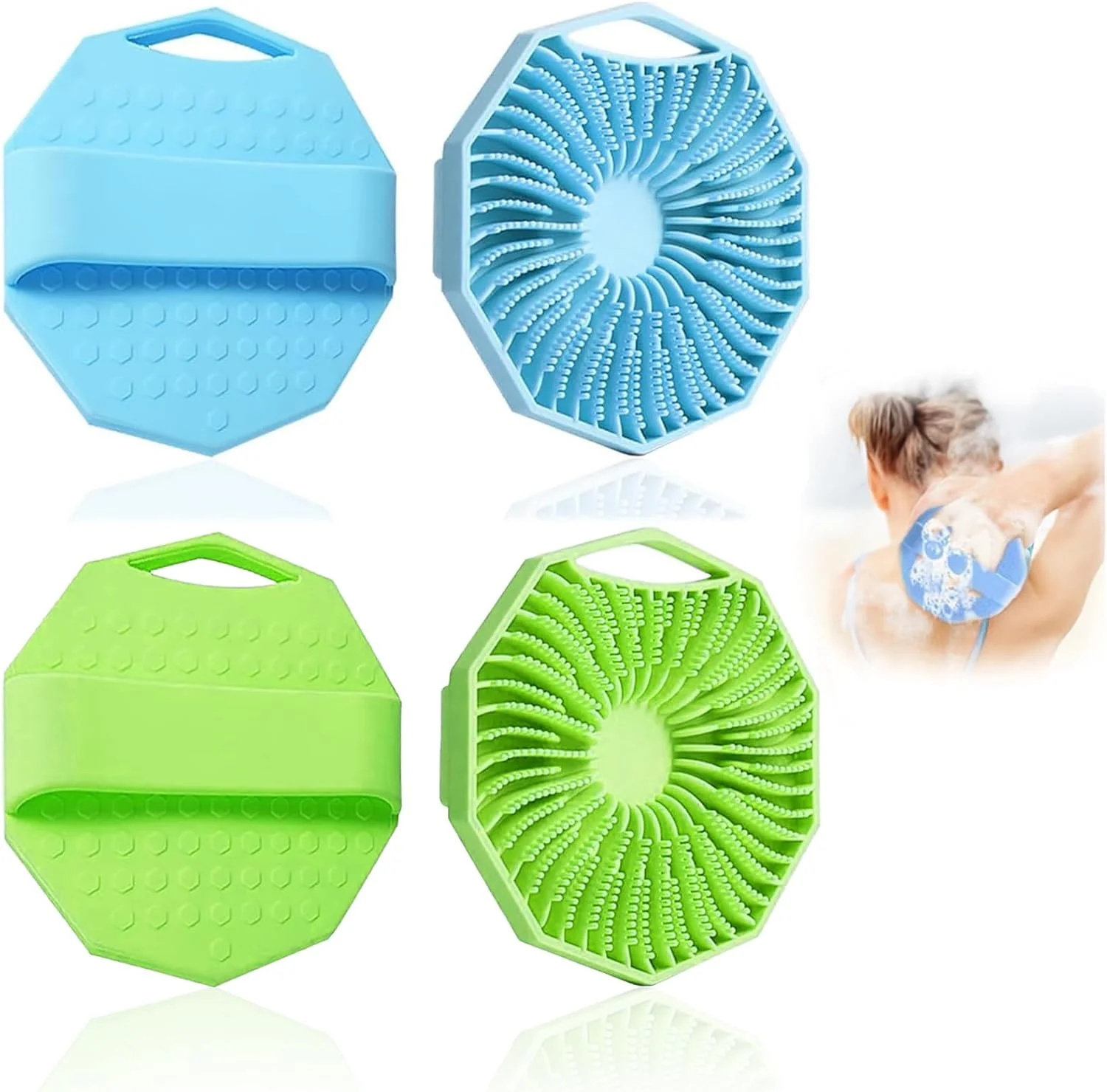 ست دو عددی اسکرابر سیلیکونی SSKHE، اسکرابر دستی بدن و پشت برای آقایان و بانوان، لایه بردار با ماساژور پاک کننده پوست (آبی و سبز)