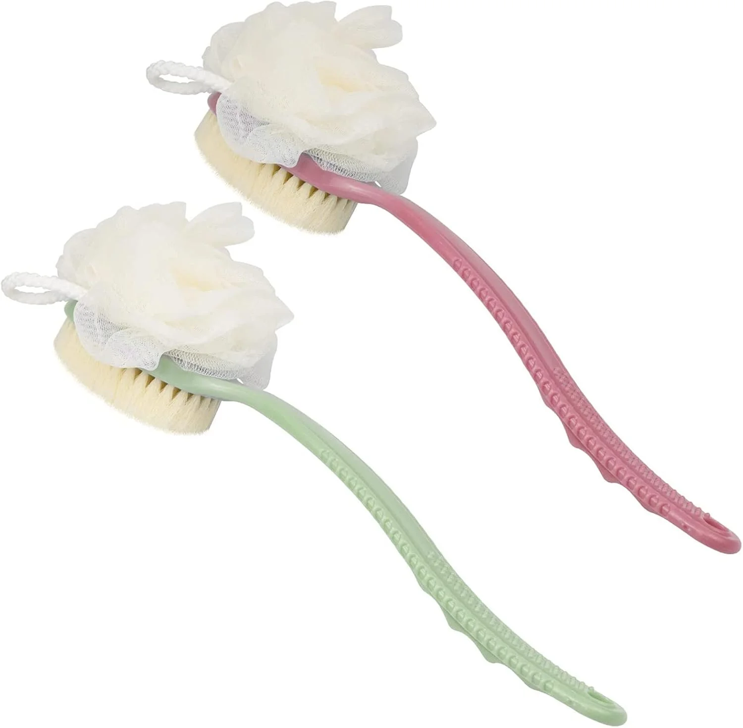 اسکرابر پشت فنری X، بسته 2 عددی برس بدن دوش با موهای برس و لیف، اسفنج توری اسکرابر پشت با دسته بلند خمیده برای لایه برداری پوست، موهای ماساژ مناسب برای مردان و زنان