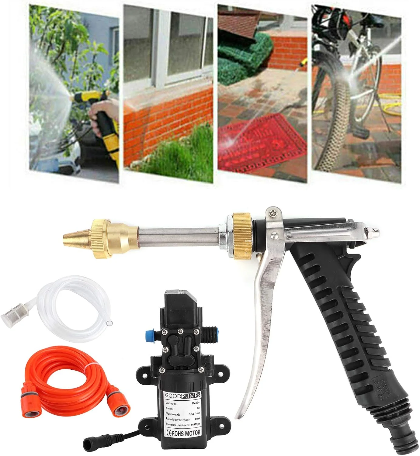 کیت پمپ شستشوی 12 ولت، پمپ آب کارواش قابل حمل 12 ولت 80 وات 130PSI با فشار بالا و کیت شلنگ، تمیز کننده قدرتمند خودرو