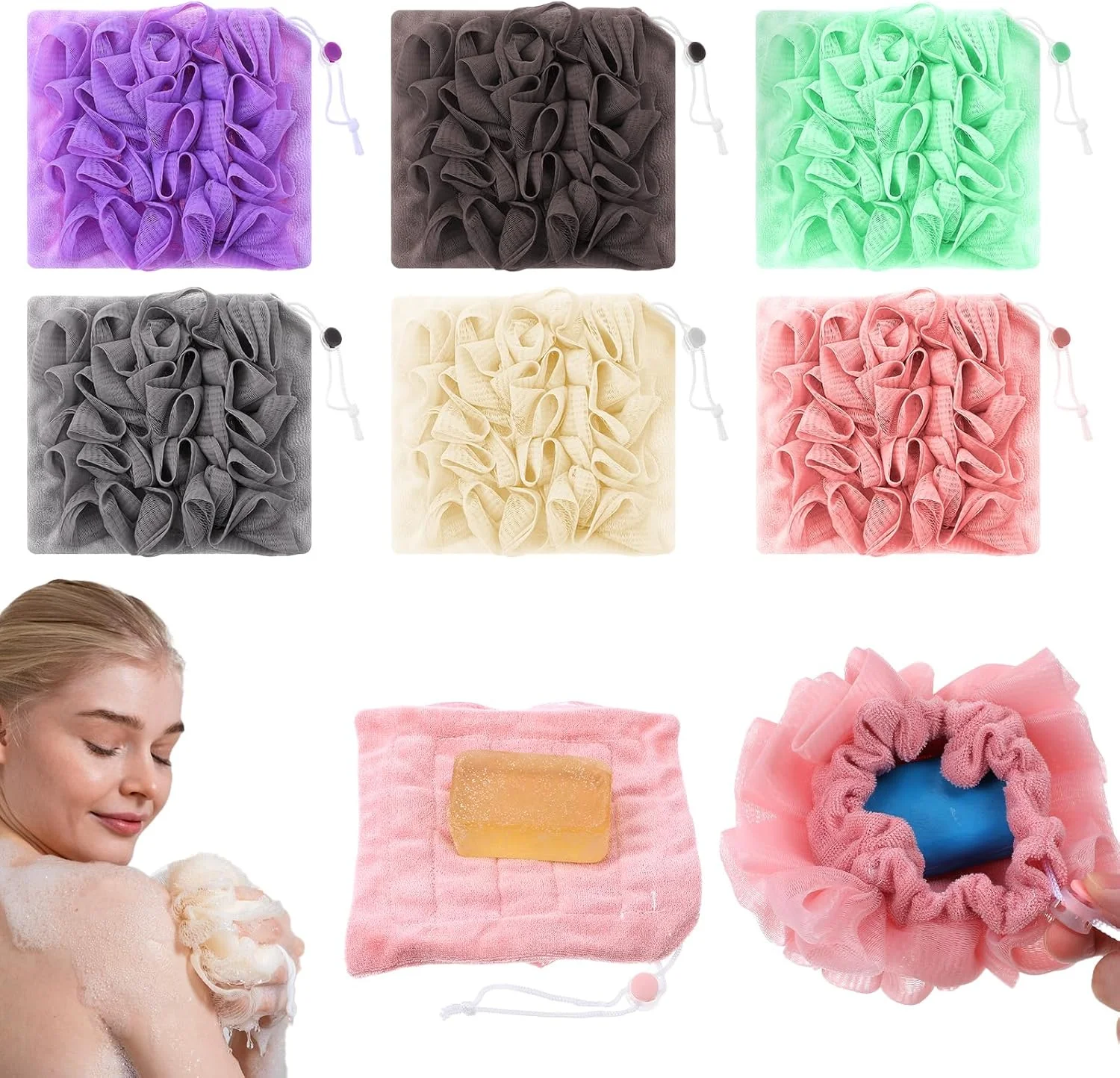 مجموعه 6 عددی لیف حمام لوفا، اسفنج لوفا 2 در 1 با بند کشی، پف توپی توری لایه بردار برای شستشوی بدن و پوست صاف (چند رنگ)